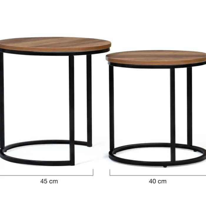 Lot de 2 tables basses gigognes rondes style industriel bois foncé