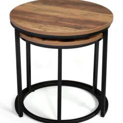 Lot de 2 tables basses gigognes rondes style industriel bois foncé