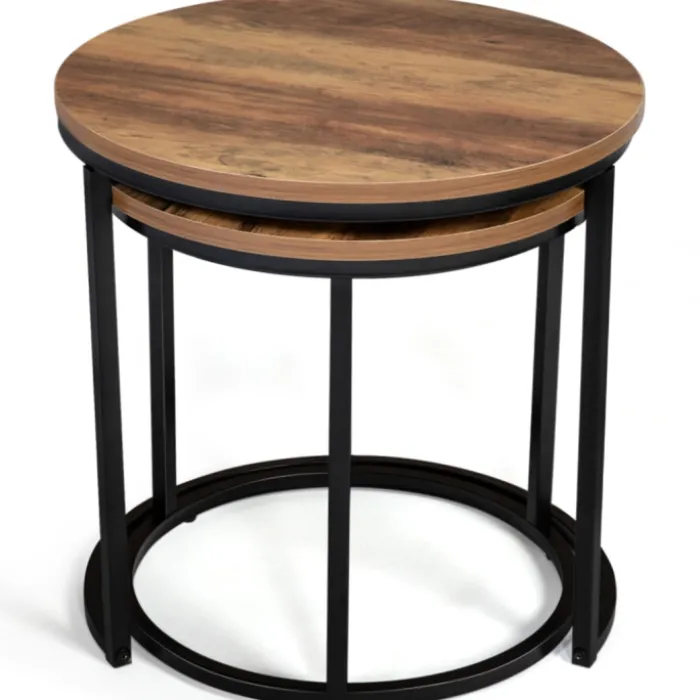 Lot de 2 tables basses gigognes rondes style industriel bois foncé