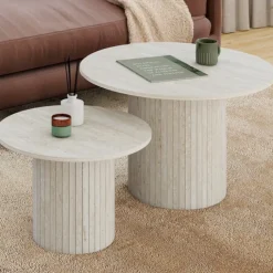 Lot de 2 tables basses gigognes rondes 50/70 effet lattes travertin