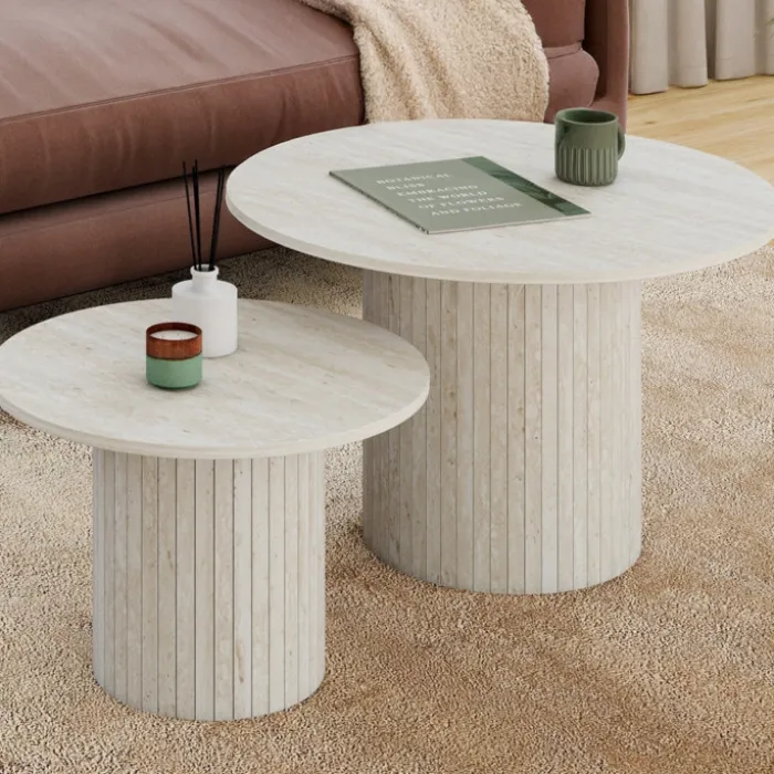 Lot de 2 tables basses gigognes rondes 50/70 effet lattes travertin
