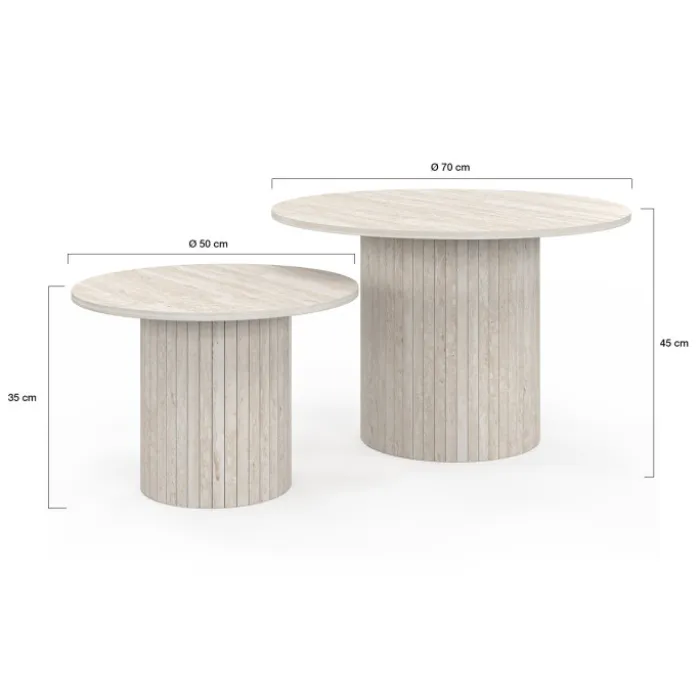 Lot de 2 tables basses gigognes rondes 50/70 effet lattes travertin
