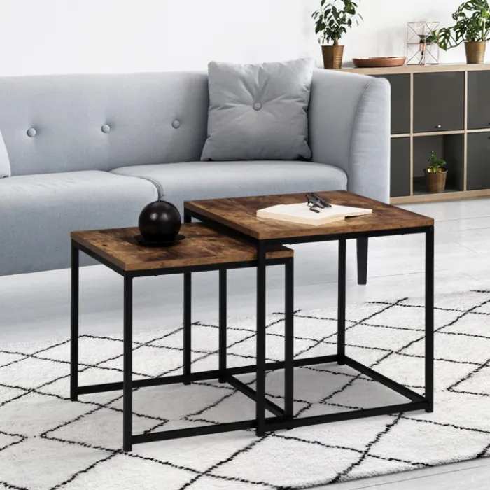 Lot de 2 tables basses gigognes industrielles effet bois vieilli