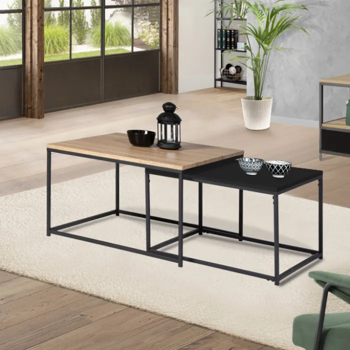 Lot de 2 tables basses gigognes industrielles métal noir 60 cm et 70 cm