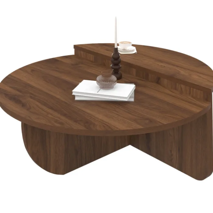 Lot de 2 tables basses rondes 90 cm asymétriques effet noyer