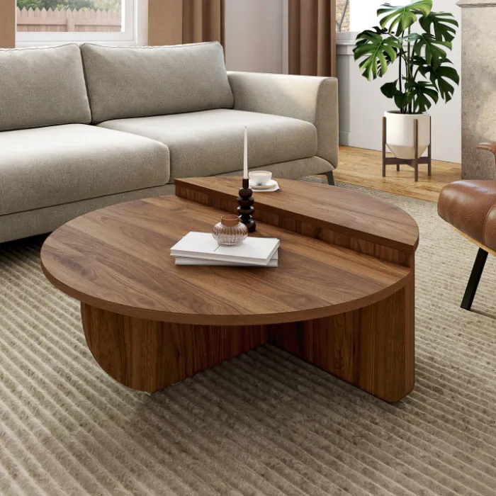 Lot de 2 tables basses rondes 90 cm asymétriques effet noyer