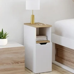 Lot de 2 tables de chevet étroites bois et blanc 1 porte avec niche