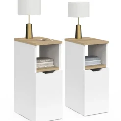 Lot de 2 tables de chevet étroites bois et blanc 1 porte avec niche