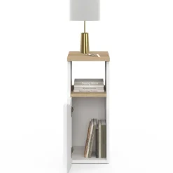 Lot de 2 tables de chevet étroites bois et blanc 1 porte avec niche