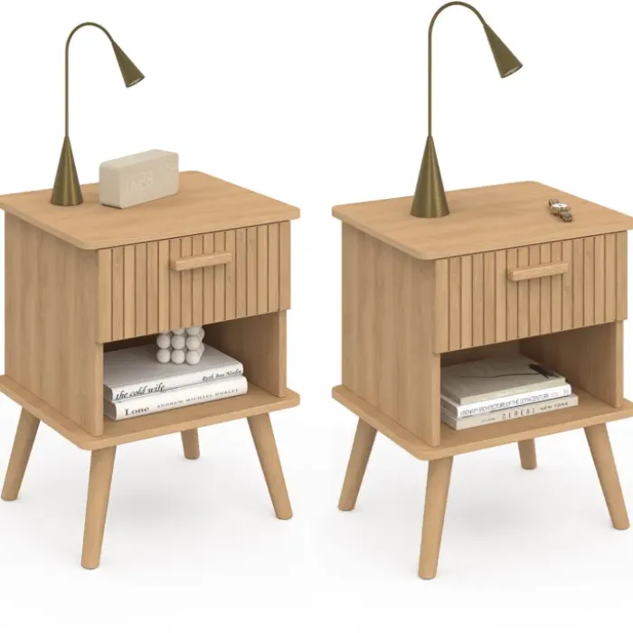 Lot de 2 tables de chevet tasseau bois coloris chêne avec 1 niche et 1 tiroir
