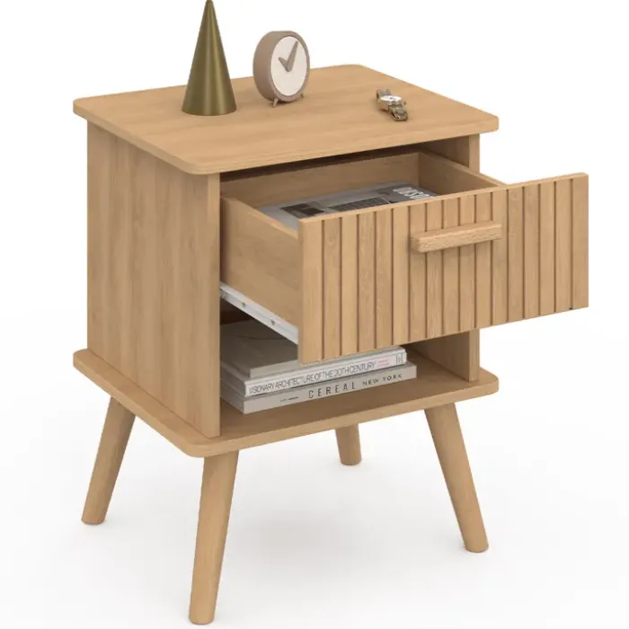 Lot de 2 tables de chevet tasseau bois coloris chêne avec 1 niche et 1 tiroir