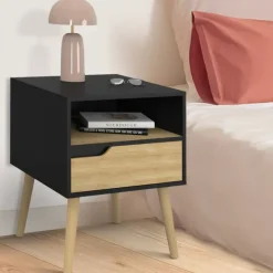 Lot de 2 tables de chevet scandinaves avec tiroir bois noir et effet hêtre