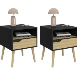 Lot de 2 tables de chevet scandinaves avec tiroir bois noir et effet hêtre