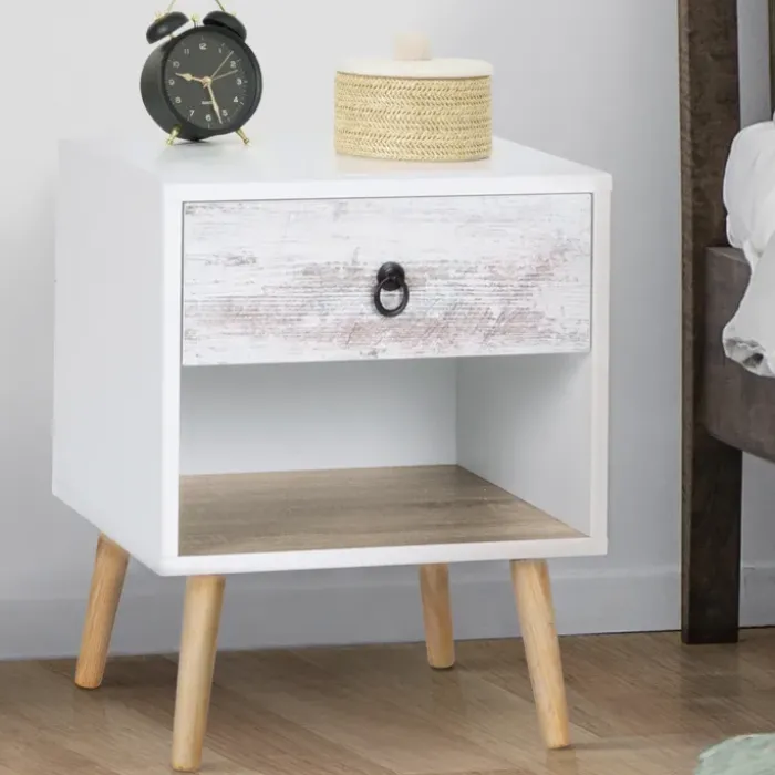 lot de 2 tables de chevet blanches effet vieilli 1 tiroir style scandinave