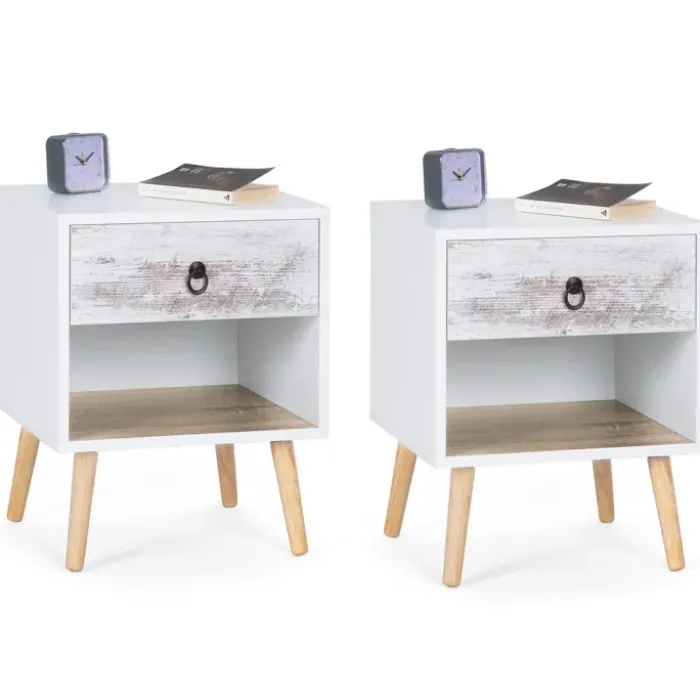 lot de 2 tables de chevet blanches effet vieilli 1 tiroir style scandinave