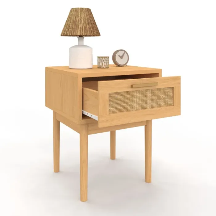 lot de 2 tables de chevet en bois cannage effet naturel avec 1 tiroir