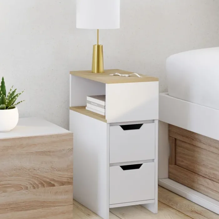 Lot de 2 tables de chevet étroites bois et blanc 2 tiroirs avec niche latérale réversible