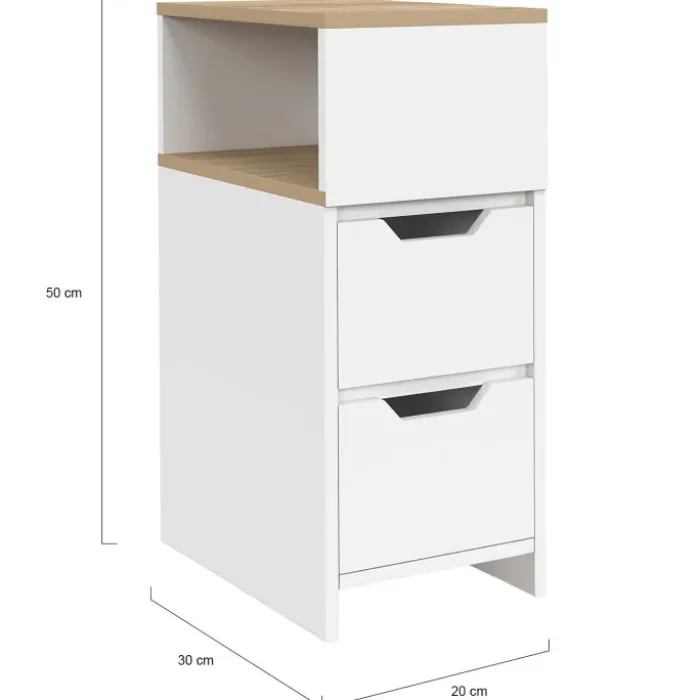 Lot de 2 tables de chevet étroites bois et blanc 2 tiroirs avec niche latérale réversible
