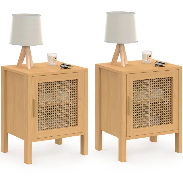 Lot de 2 tables de chevet 1 porte cannage et bois