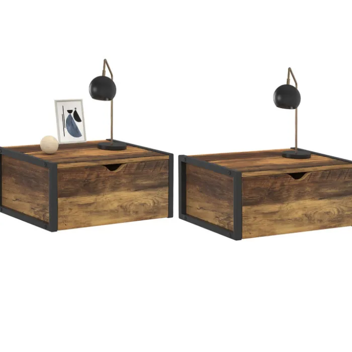Lot de 2 tables de chevet suspendues bois foncé et noir style industriel