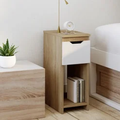 Lot de 2 tables de chevet étroites 1 tiroir avec niche bois façon hêtre et blanc