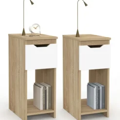 Lot de 2 tables de chevet étroites 1 tiroir avec niche bois façon hêtre et blanc