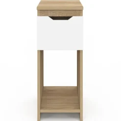 Lot de 2 tables de chevet étroites 1 tiroir avec niche bois façon hêtre et blanc