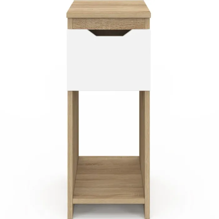 Lot de 2 tables de chevet étroites 1 tiroir avec niche bois façon hêtre et blanc
