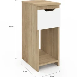 Lot de 2 tables de chevet étroites 1 tiroir avec niche bois façon hêtre et blanc