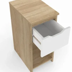 Lot de 2 tables de chevet étroites 1 tiroir avec niche bois façon hêtre et blanc