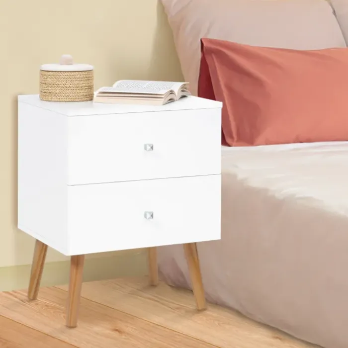 Lot de 2 tables de chevet scandinaves bois et blanc 2 tiroirs