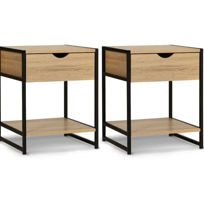 Lot de 2 tables de chevet bois et métal noir
