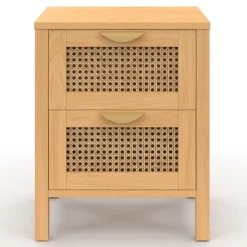 Lot de 2 tables de chevet 2 tiroirs cannage et bois