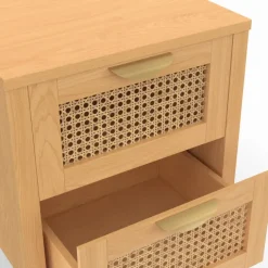 Lot de 2 tables de chevet 2 tiroirs cannage et bois
