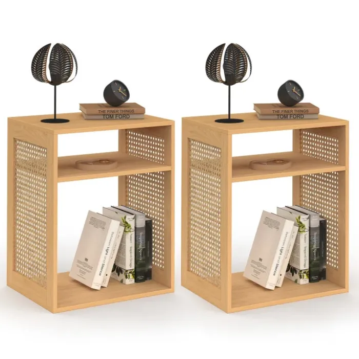 Lot de 2 tables de chevet avec rangements ouverts effet lattes et bois