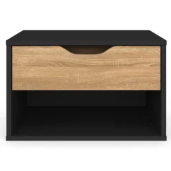 Lot de 2 tables de chevet suspendues 1 tiroir avec niche en bois façon hêtre et noir