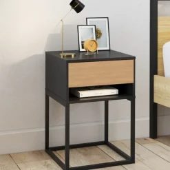 Lot de 2 tables de chevet 1 tiroir façon hêtre et 1 niche noire