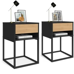Lot de 2 tables de chevet 1 tiroir façon hêtre et 1 niche noire