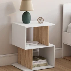 Lot de 2 tables de chevet forme S avec rangements ouverts blanc et effet hêtre