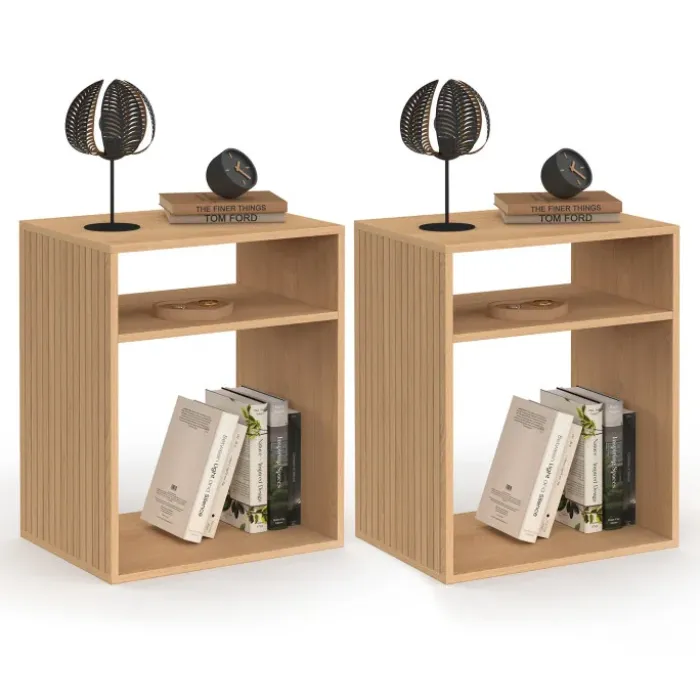 Lot de 2 tables de chevet avec rangements ouverts effet lattes et bois
