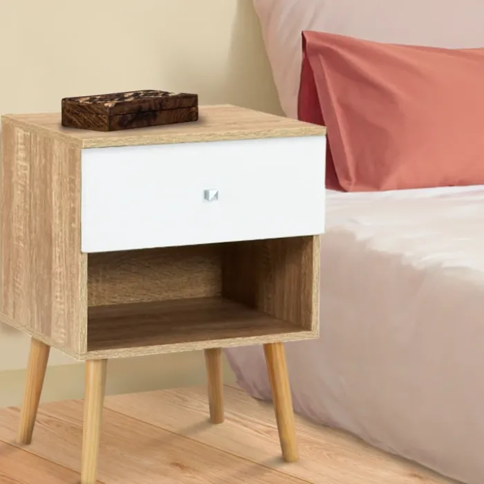 Lot de 2 tables de chevet scandinaves hêtre et blanc 1 tiroir