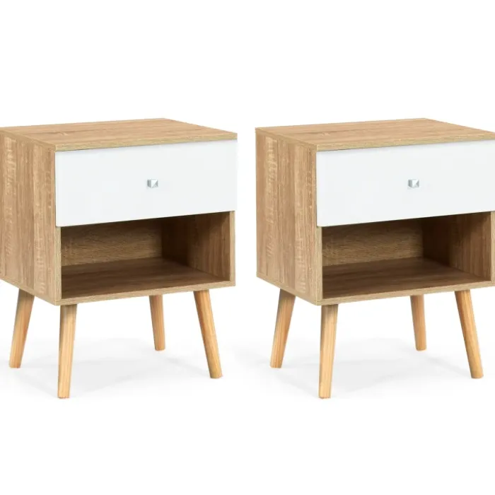 Lot de 2 tables de chevet scandinaves hêtre et blanc 1 tiroir