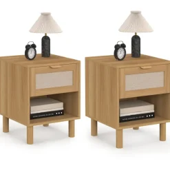 Lot de 2 tables de chevet 1 tiroir avec niche bois et effet lin