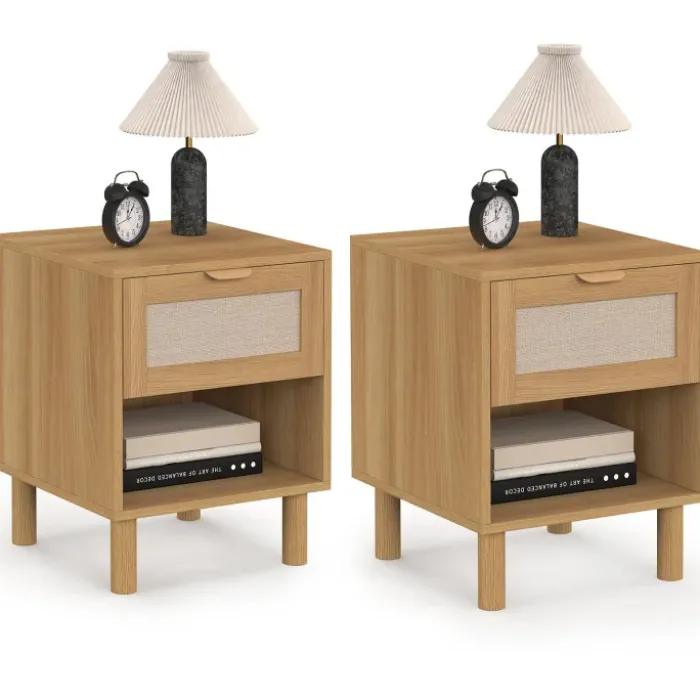 Lot de 2 tables de chevet 1 tiroir avec niche bois et effet lin