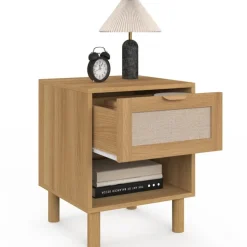 Lot de 2 tables de chevet 1 tiroir avec niche bois et effet lin