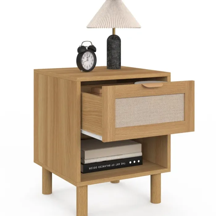 Lot de 2 tables de chevet 1 tiroir avec niche bois et effet lin