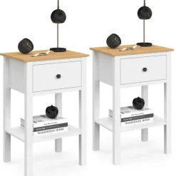 Lot de 2 tables de chevet 1 tiroir et 1 tablette blanc et plateau bois