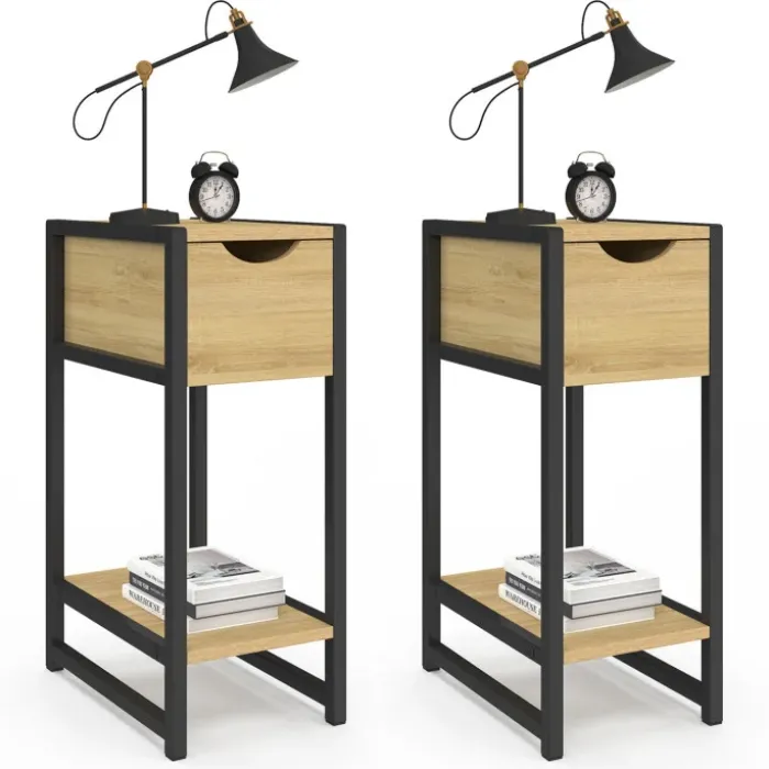 Lot de 2 tables de chevet gain de place bois et métal noir 1 tiroir 1 tablette style industriel