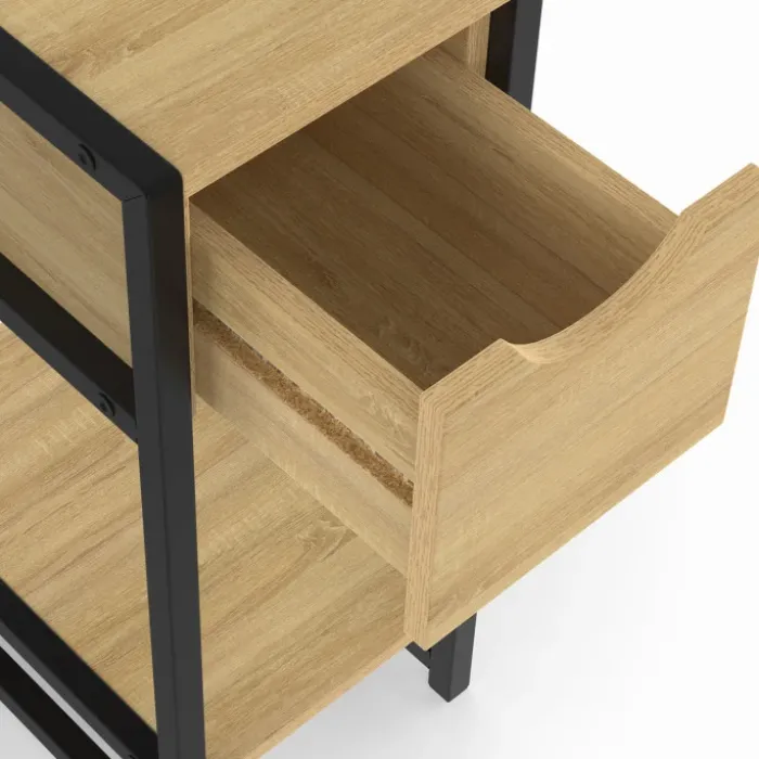 Lot de 2 tables de chevet gain de place bois et métal noir 1 tiroir 1 tablette style industriel