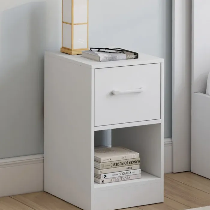 Lot de 2 tables de chevet 1 tiroir en tissu avec niche bois blanc
